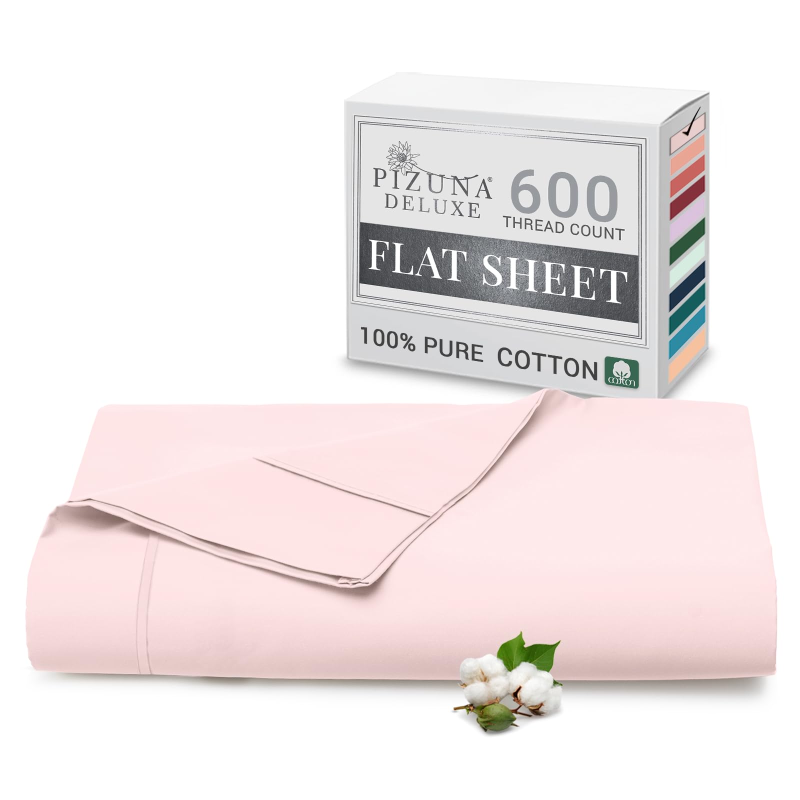Pizuna Pure Combed Cotton Super King Flat Sheet Light Pink, 600 Thread Count Long Staple Brushed Cotton Flat Sheets Super King Size, Cool Sateen Flat Sheet Superking