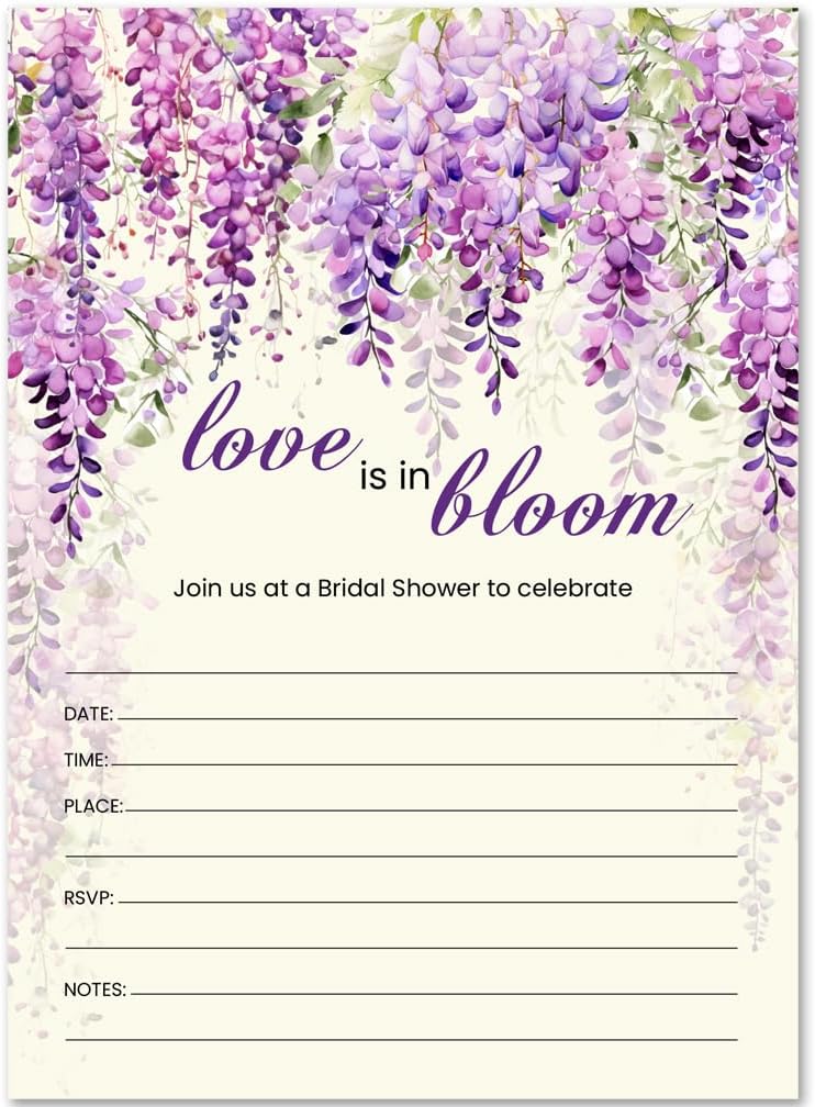 Purple Watercolor Wisteria Bridal Shower Invitation, Set of 20 Fill-in Blank 5x7 Invites and Envelopes (Uncoated white card stock)