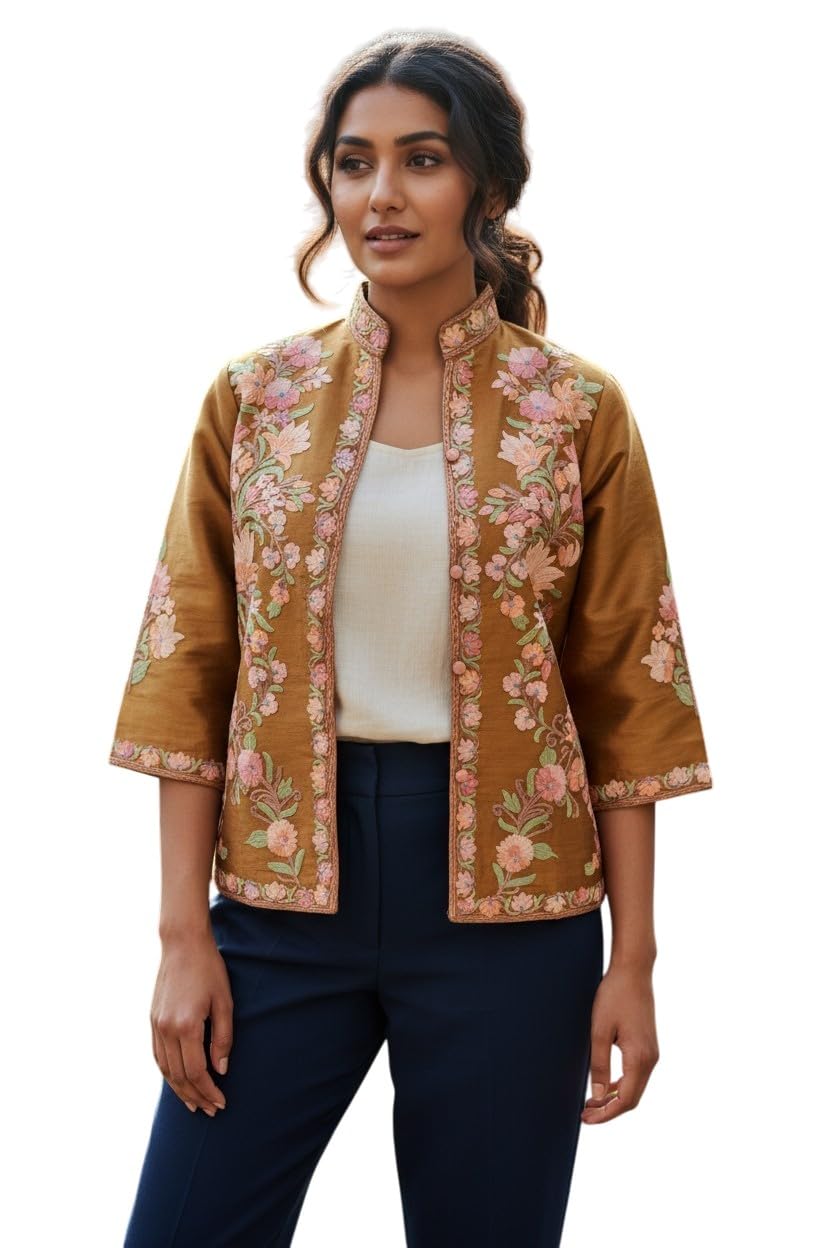kashmir gallery Kashmiri Silk Jacket For Women With Kashmiri Aari Embroidery (IN, Alpha, XL, Regular, Mustard)-picture-0
