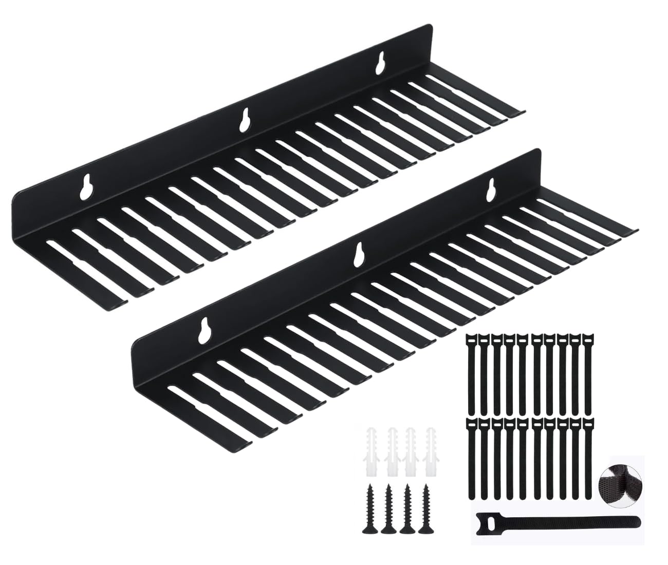 IRSTBL 2-Pack 19-Slot Wall-Mounted Cable Organiser Rack – Heavy-Duty 16-Gauge Steel Cable Hanger with 40 Reusable Hook & Loop Ties – Black Powder-Coated Finish