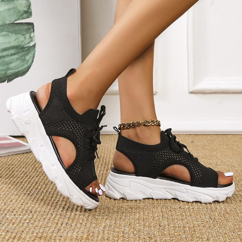 Women's Open Toe Orthopedic Wedge Sneakers - Lace-Up Non-Slip Arch Support Hollow Out Mesh Platform Walking Shoes for Summer Beach Outdoor Casual2