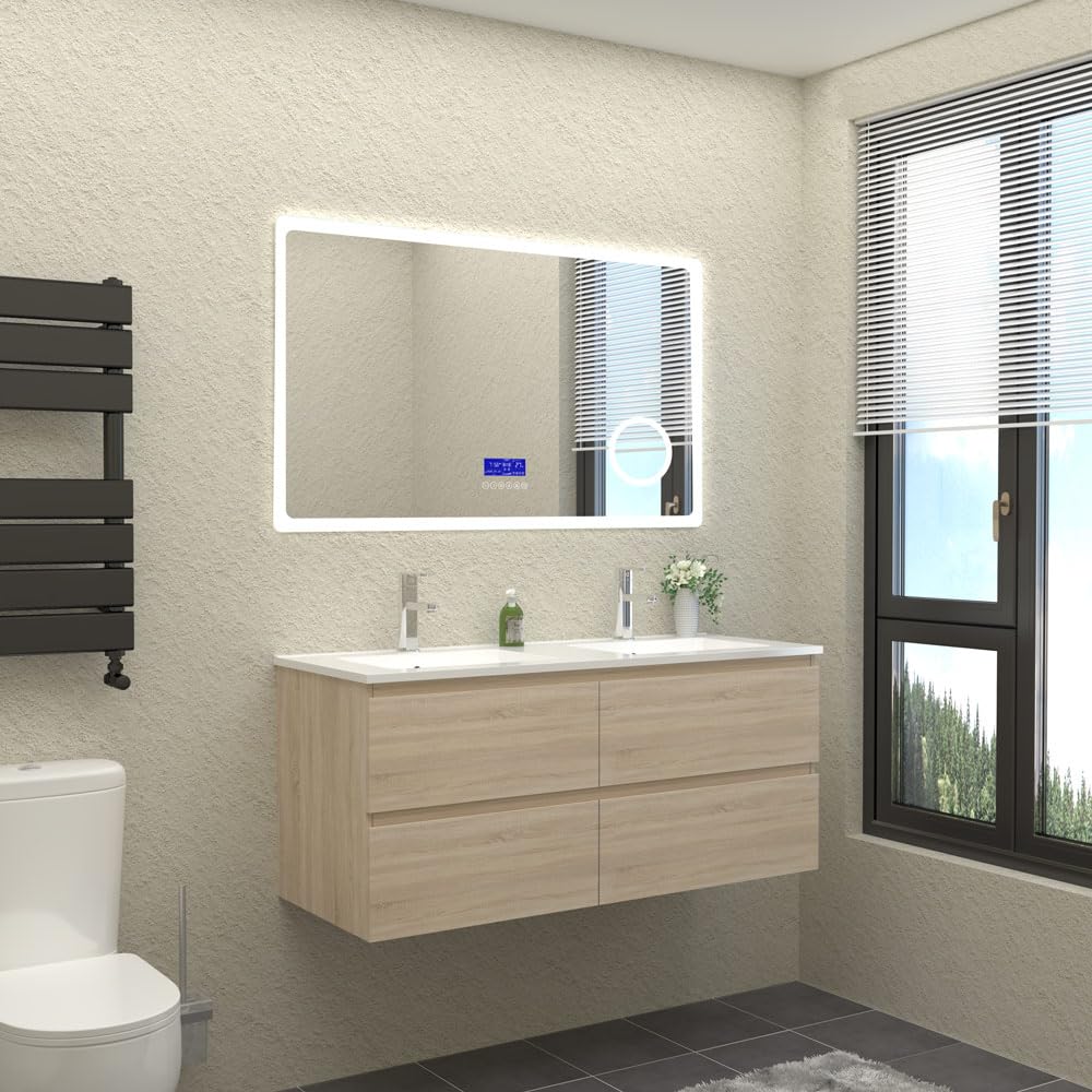 Meuble de Salle de Bain Double Vasque 120 cm + Casier Couleur chêne（Quatre tiroirs）