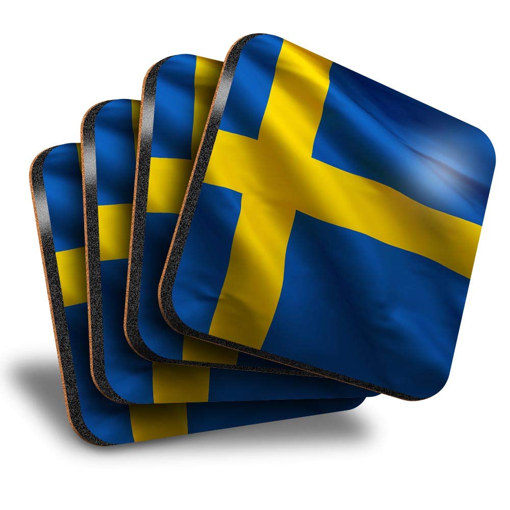 Destination Vinyl ltd Great Coasters (Set of 4) Square - Swedish Flying Flag Swedish Drink Glossy Coasters/Tabletop Protection for Any Table Type #16368
