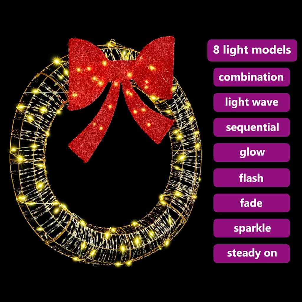 Couronne avec 80 LED blanc chaud PET 91 x 91 x 9 cm avec grand nœud et bande LED USB pour décoration d'arbre de Noël, décoration festive intérieure et extérieure, éclairage de l'Avent