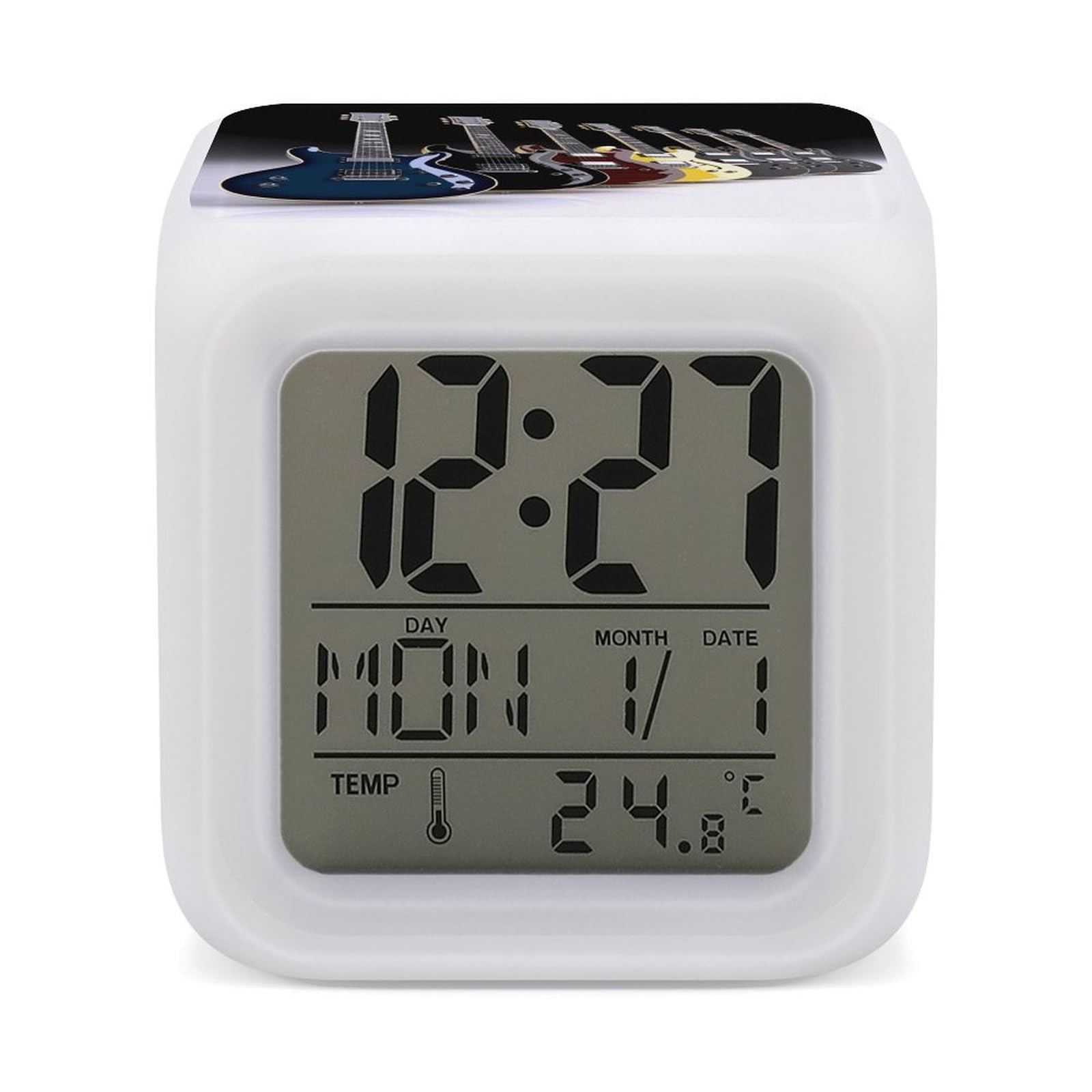 FekiLoot Electric Guitar Alarm Clock with 7 Color Changing Night Light,Battery Operated Digital Clocks with Temperature Display Tiny Electric Clock LED Sleep Timer for Room Decor