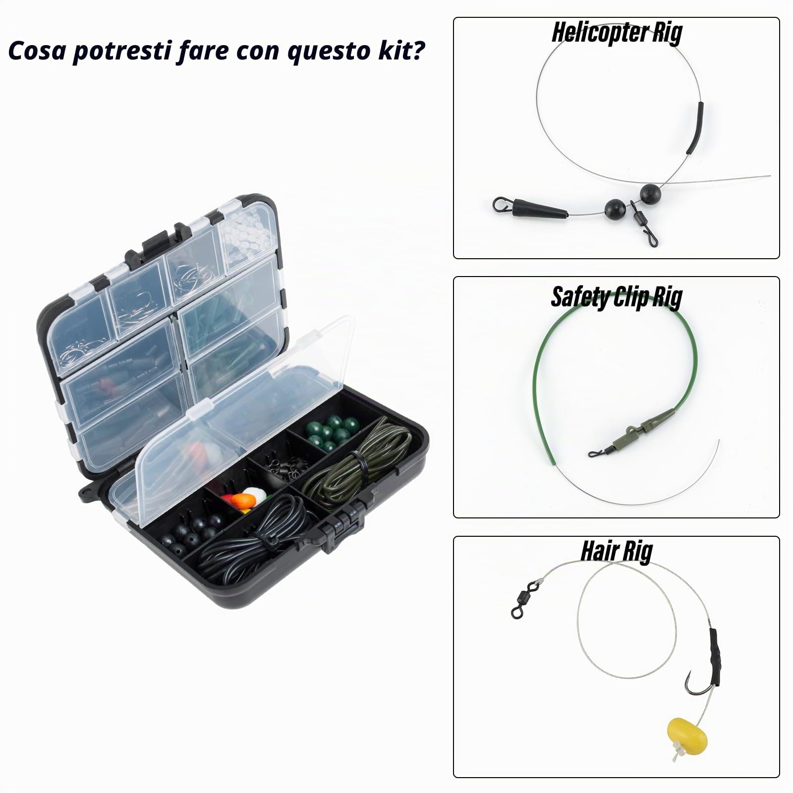 Carp Fishing Tackle Box Dr.fish 219 pezzi con clip di sicurezza girevole Ganci terminali tubo Joblot accessori opzionali, 4 colori
