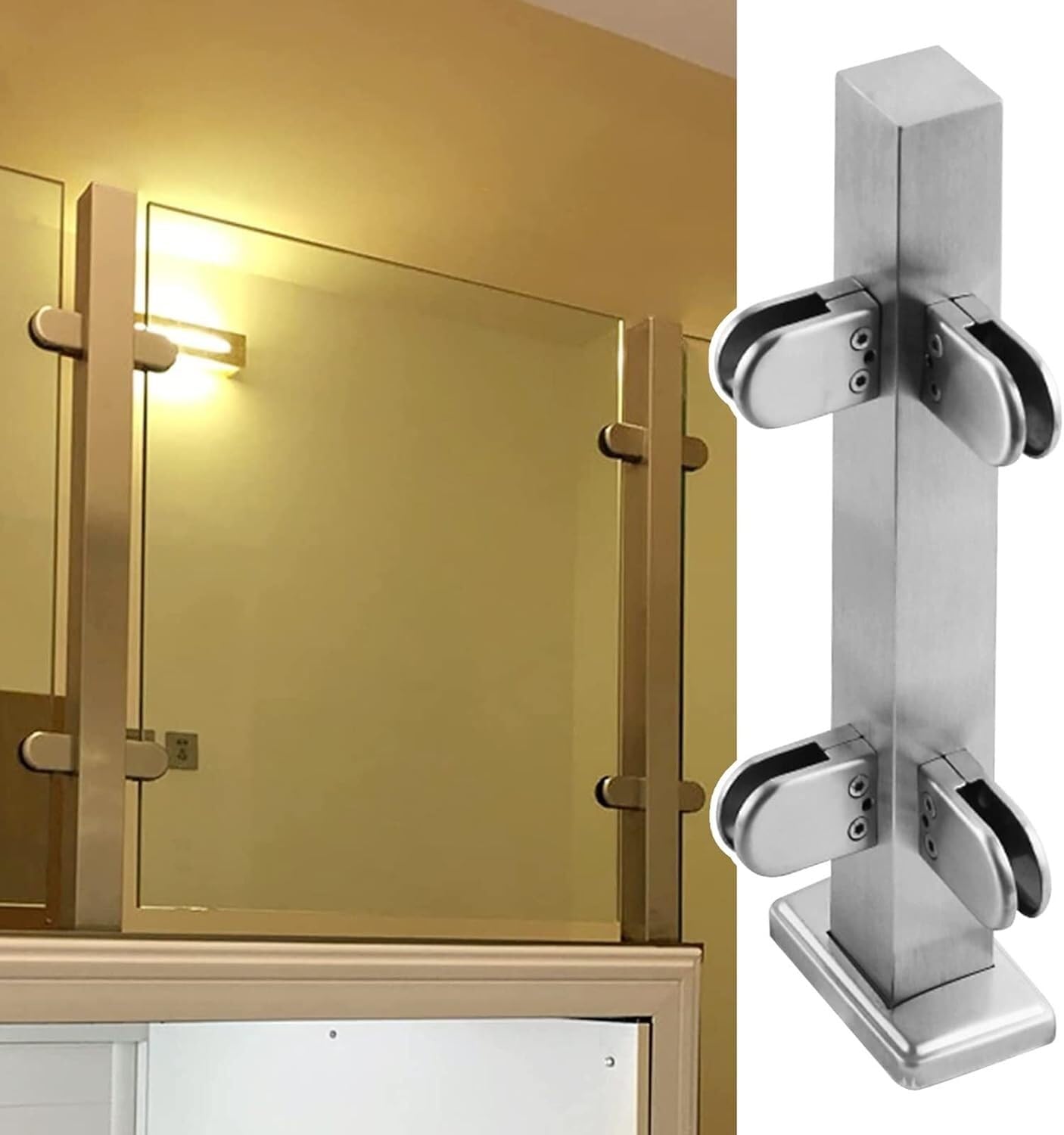 USZWBY Glass Fence Fixing Rod Glass Balustrade Post Silver Glass Railing Post Metal Glass Balustrade Clamp Support Pole（Corner Post-95cm）
