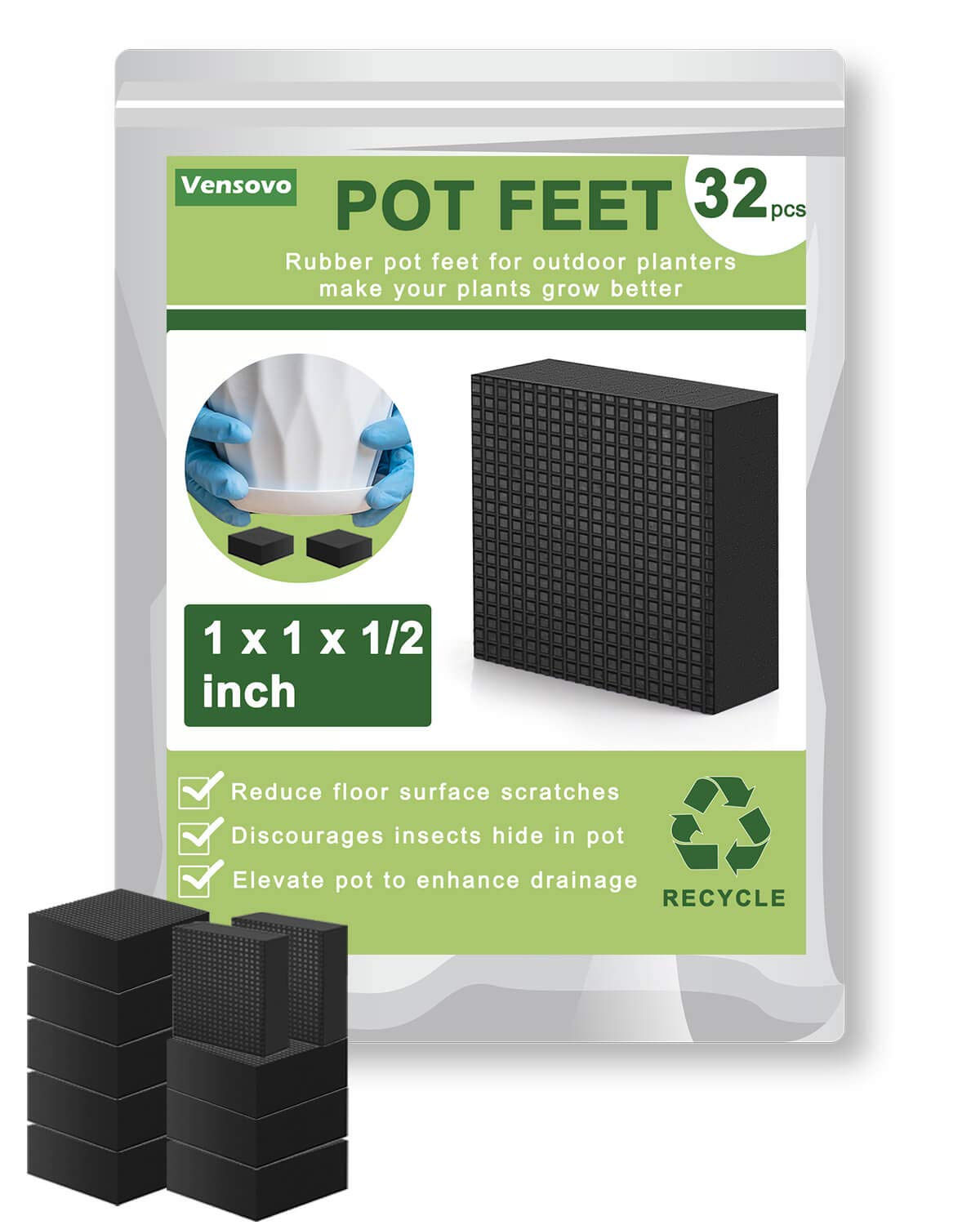 vensovo Planter, 1 Inch Plant Pot Feet for Outdoor Planters - 32 Pack, Rubber Pot Risers Elevate up 1/2 inch, Plant Stand for Medium and Small Pots