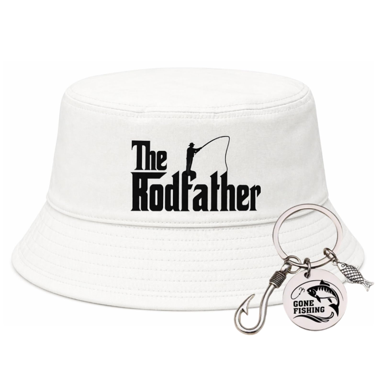 PUQGAOIP Fishing Hat, 2 Piece Fishing Accessories, with Angler Bucket Hat and Gone Fishing Keyring, Fishing Gifts for Men for Dad Husband Brother Camping Beach Outdoor Trips