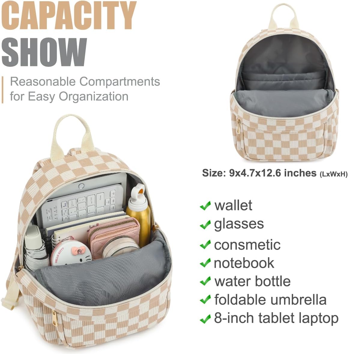 Mini Backpack Purse for Women Girls, Corduroy Cute Small Travel Daypack Stylish & Practical for Casual Daily Use-Checkered Brown - Image 2