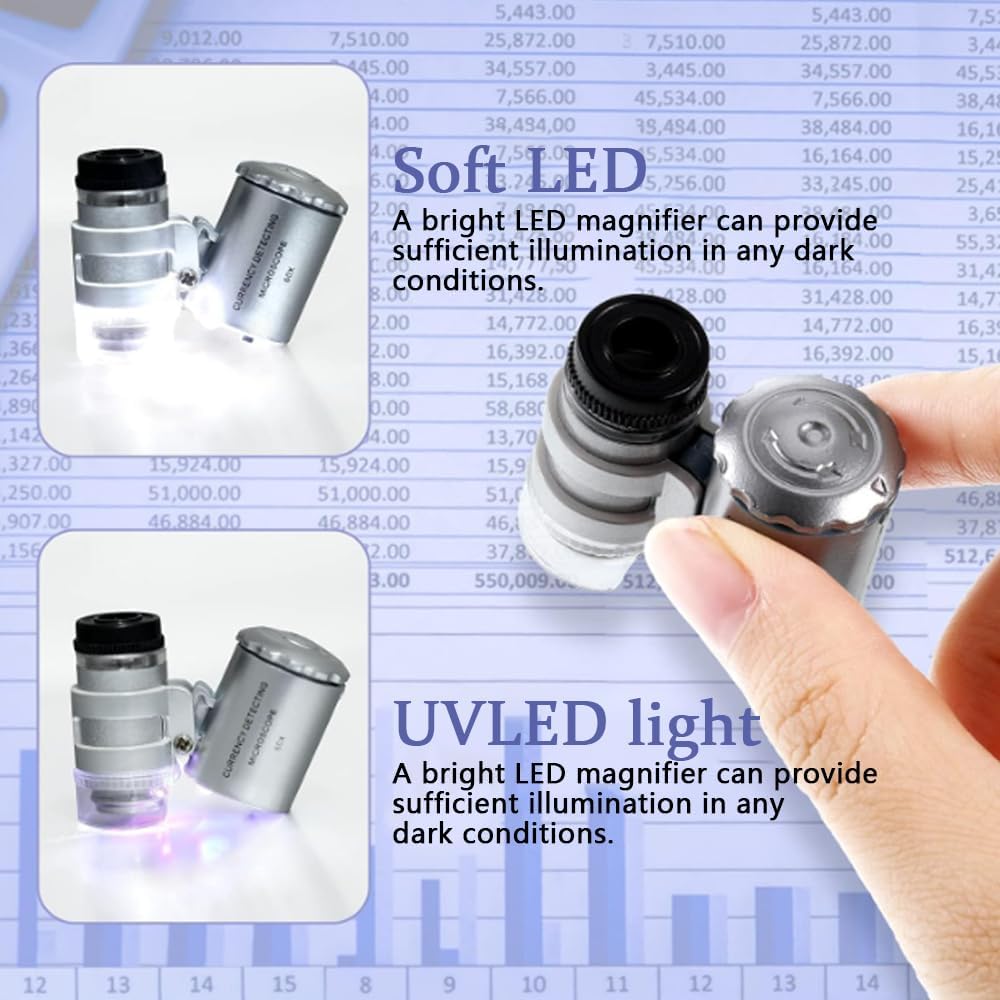 Microscopio de Bolsillo 60X, Mini Microscopio Monoculo, Lupa de Joyería Portátil, con Luz LED, Lupa de Mano para Joyería, Diamantes, Gemas, Monedas