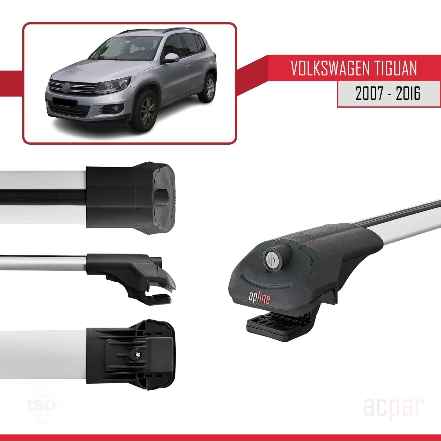 Compatible con Volkswagen Tiguan (5N) 2007-2016 Ace-1 Barras de Techo Auto Portaequipajes Barras Transversales Gris Aluminio 2 Barras