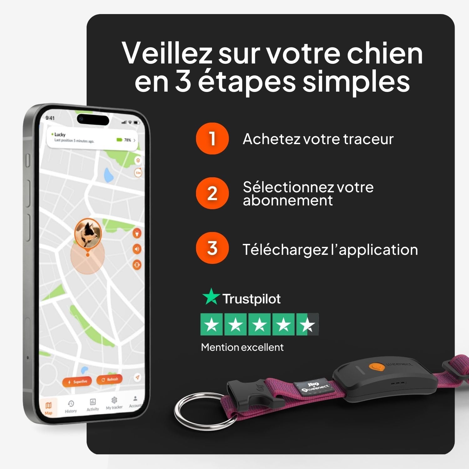 Weenect Chien XT - Nouveau Collier GPS pour Chien | Antenne XL | Etanche | Collier Hyper résistant intégré Julius-K9 | Garantie à Vie | Abonnement Requis