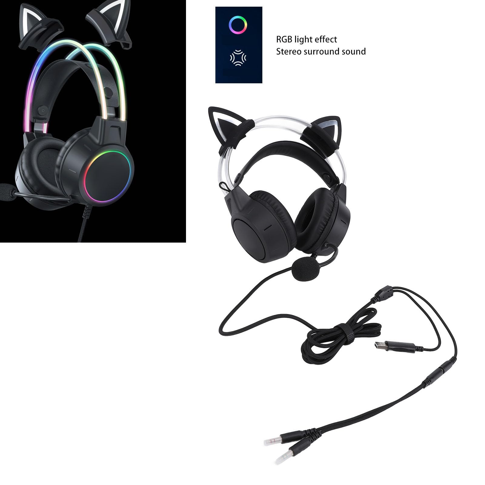 Bluetooth Kopfhörer, Katzenohr Kopfhörer mit Mikrofon, Verstellbarer Kopfbügel, Kabellose Kopfhörer mit 7 RGB LED Leuchten, Gaming Headset für Kinder und Erwachsene, 15 Stunden