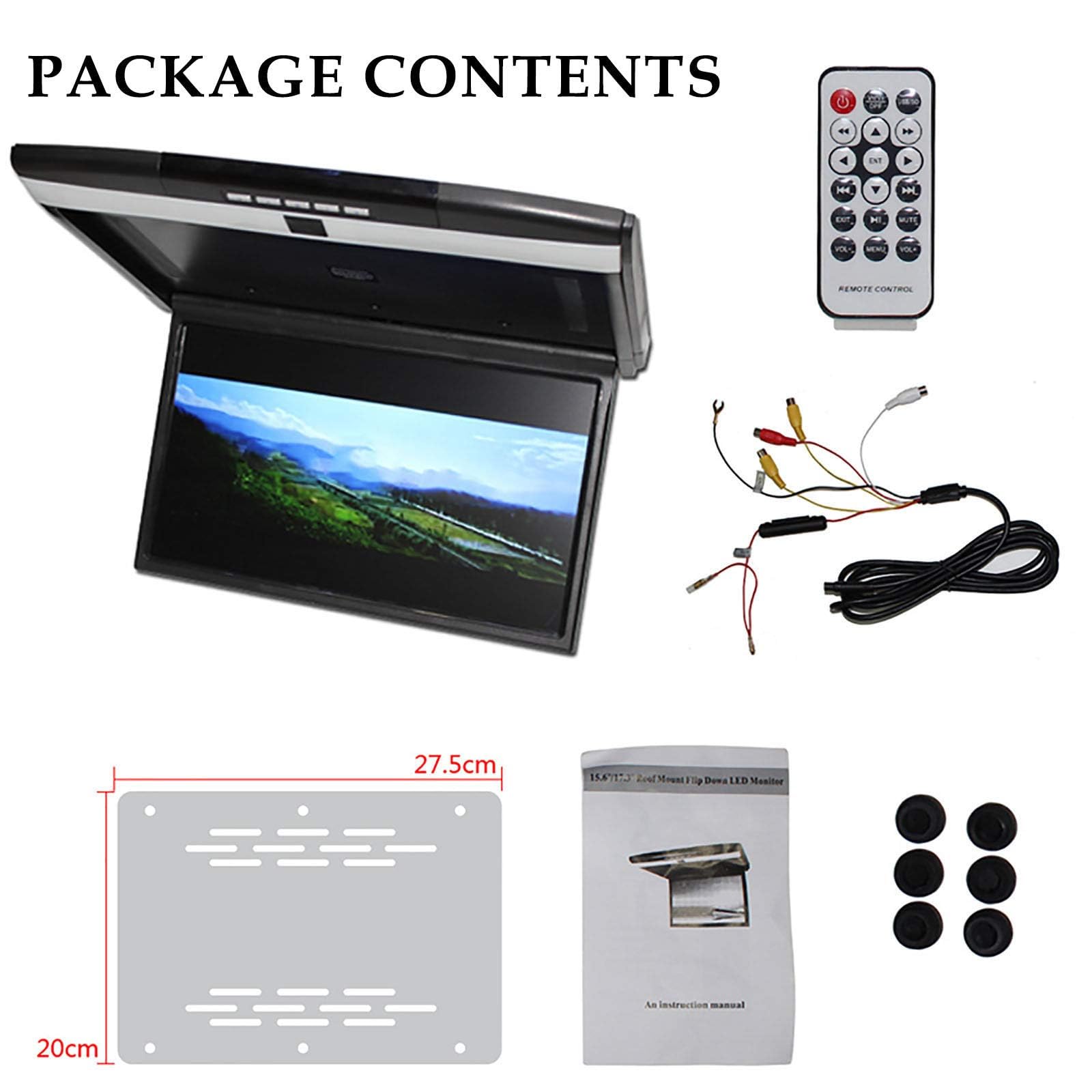 Monitor Ribaltabile per Auto, 17.3 Pollici 16: 9 Schermo Tft Digitale Ultrasottile 1080p Video Lettore per Auto da Tetto Monitor Montato sul Tetto Porta Hdmi USB SD Ir E FM,Grey