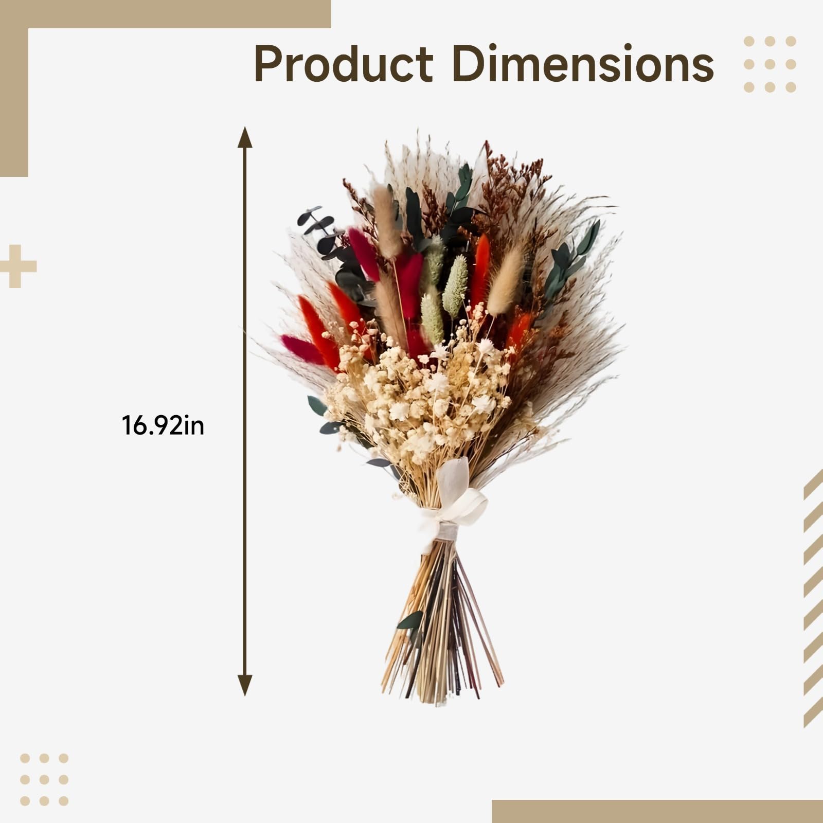 Bouquet de Fleurs séchées 55 pièces, 17 po, 43 cm, déco bohème en Herbes de Pampa, Fleurs séchées lagurus, Plantes variées, Tons terreux, avec Ruban et Emballage de Protection