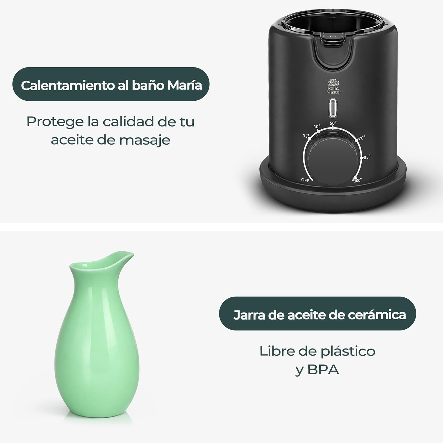 Relax Master Calentador de Aceite de Masaje – Jarra Vertedora de Cerámica – Temperatura Ajustable 33–100 °C – Calentamiento Rápido – Sistema Baño María.