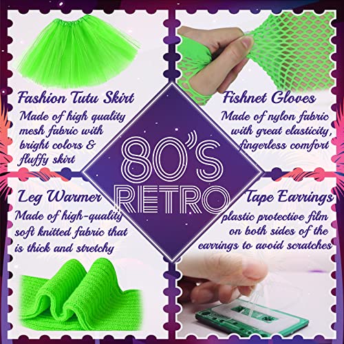 80s Fancy Dress for Women 1980s Party Green Costume Accessories Set Tutu Skirt Leg Warmers Fishnet Gloves Glasses Earrings Bracelet Necklace Headband - Image 3