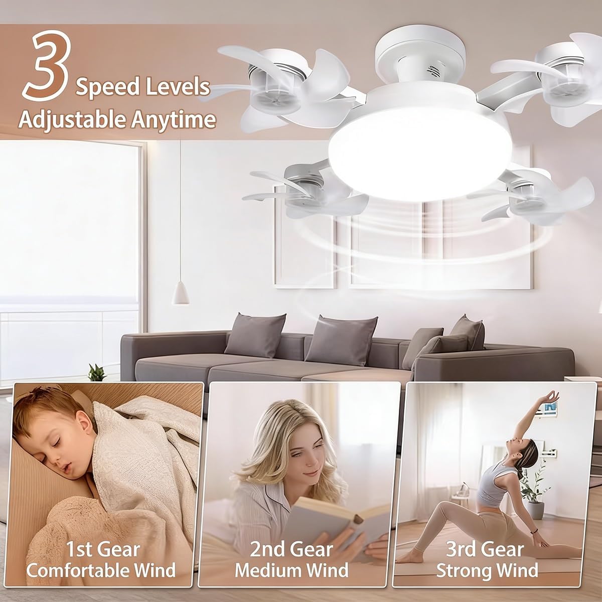Drone Design Ceiling Fans with Lights and Remote, E27 2 in 1 Hanging Fan, 3 Speed Adjustable, 3 Color Dimmable LED, Quiet Operation, Foldable Design, Timer Function, for Bedroom Kitchen Office