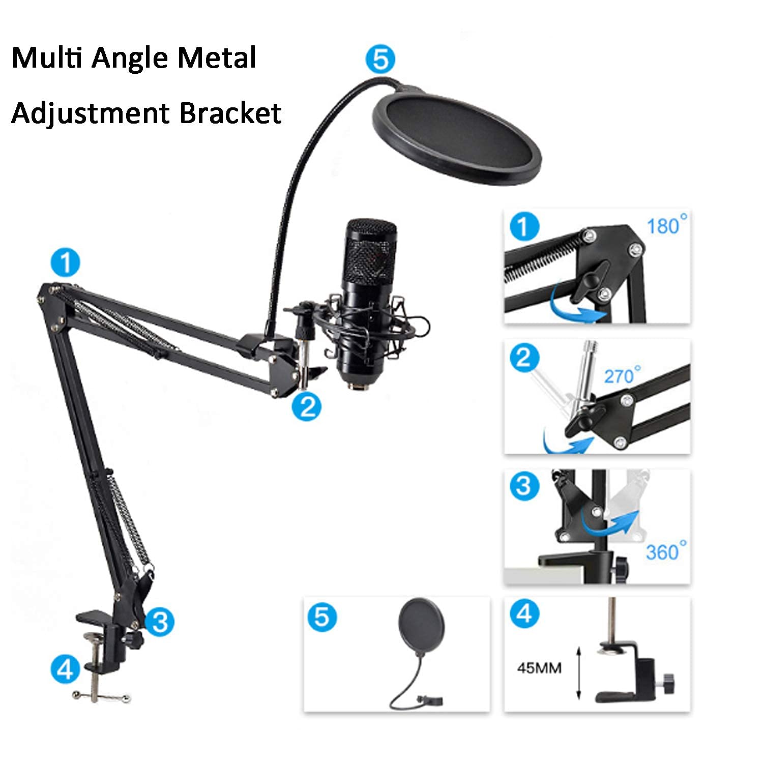 Kit microfono USB, set di microfoni da registrazione in metallo con supporto a braccio regolabile, microfono a condensatore per computer per registrazioni in studio di voci, doppiaggi e trasmissioni