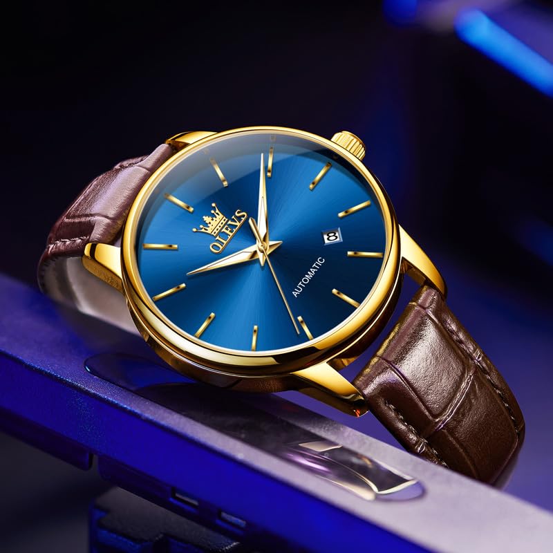 OLEVS Men's Automatic Watches Blue Face Brown Leather Waterproof Date - image 2