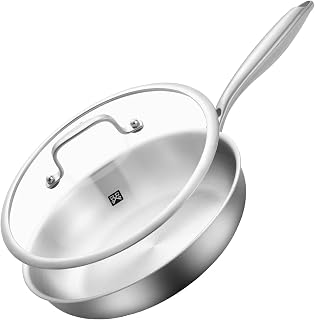 GOLDEN KEY 10 inch Tri-Ply Stainless Steel Pan,Stainless Steel Skillet with Lid,Frying Pan with Lid Compatible with All Cooktops Up to 600,Dishwasher Safe