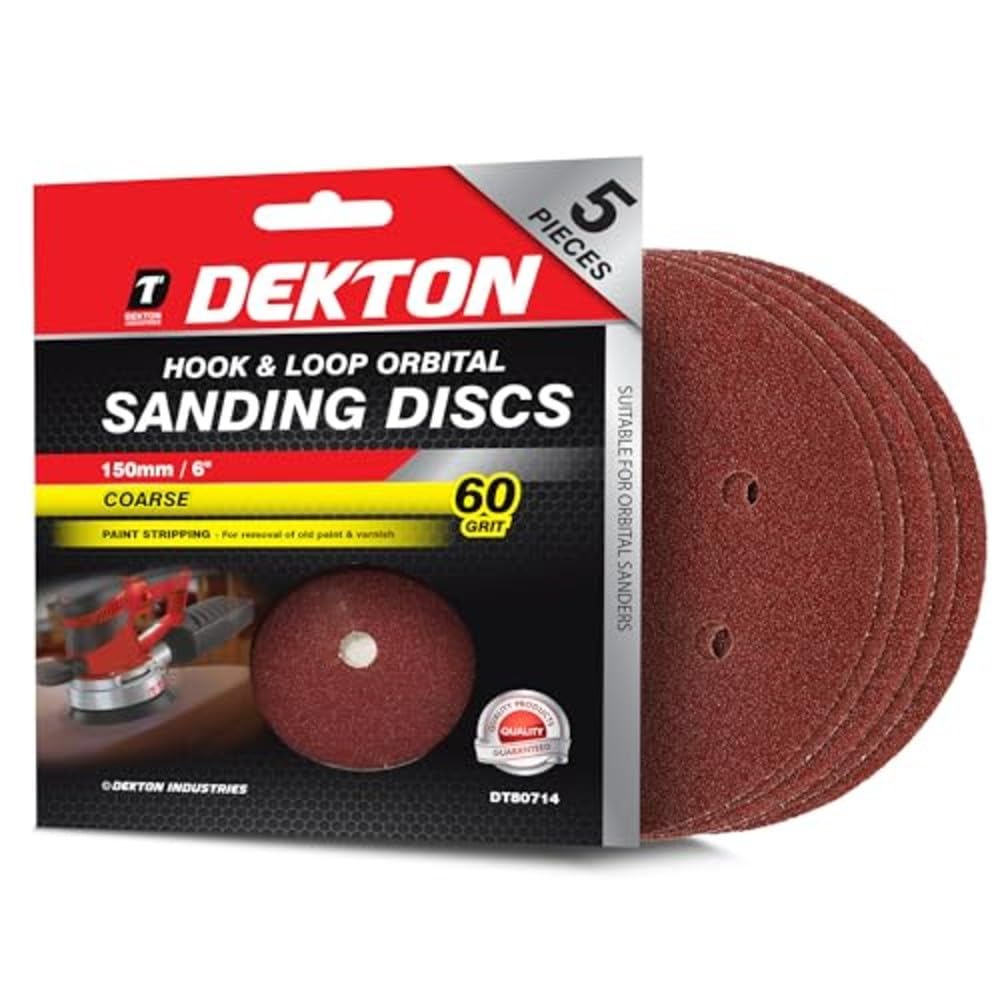 Dekton 5PC Hook and Loop Orbital Sanding Discs 150mm/Extra Coarse - 60 Grit | Ideal for Orbital Sanders | Multi-Surface Use on Wood, Metal, Plaster, Plastics & Paint | Heavy-Duty Sanding Performance