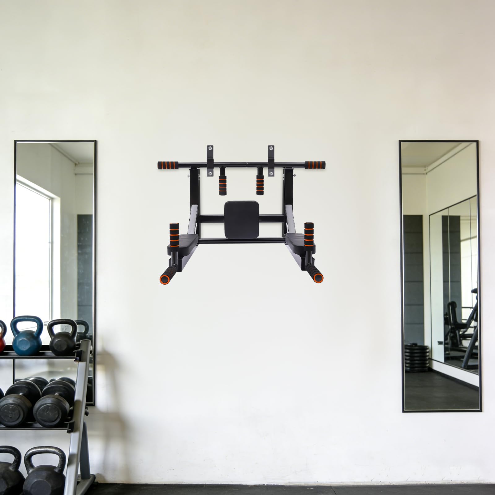 Barra per trazioni da parete con dip station, capacità di carico di oltre 200 kg, attrezzo multiuso per allenamento di petto, braccia, schiena e tronco, design a parete salvaspazio, per casa, palestra