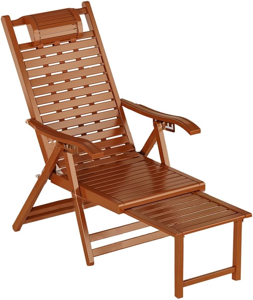 GIZNXBA Patio Lounge Chair, Folding Reclining Chair Wood Beach Chair with Retractable Footrest, Zero Gravity Chairs Space-Saving Ergonomic Deck Chair for Garden, Poolside, Patio (Color : /Brown)