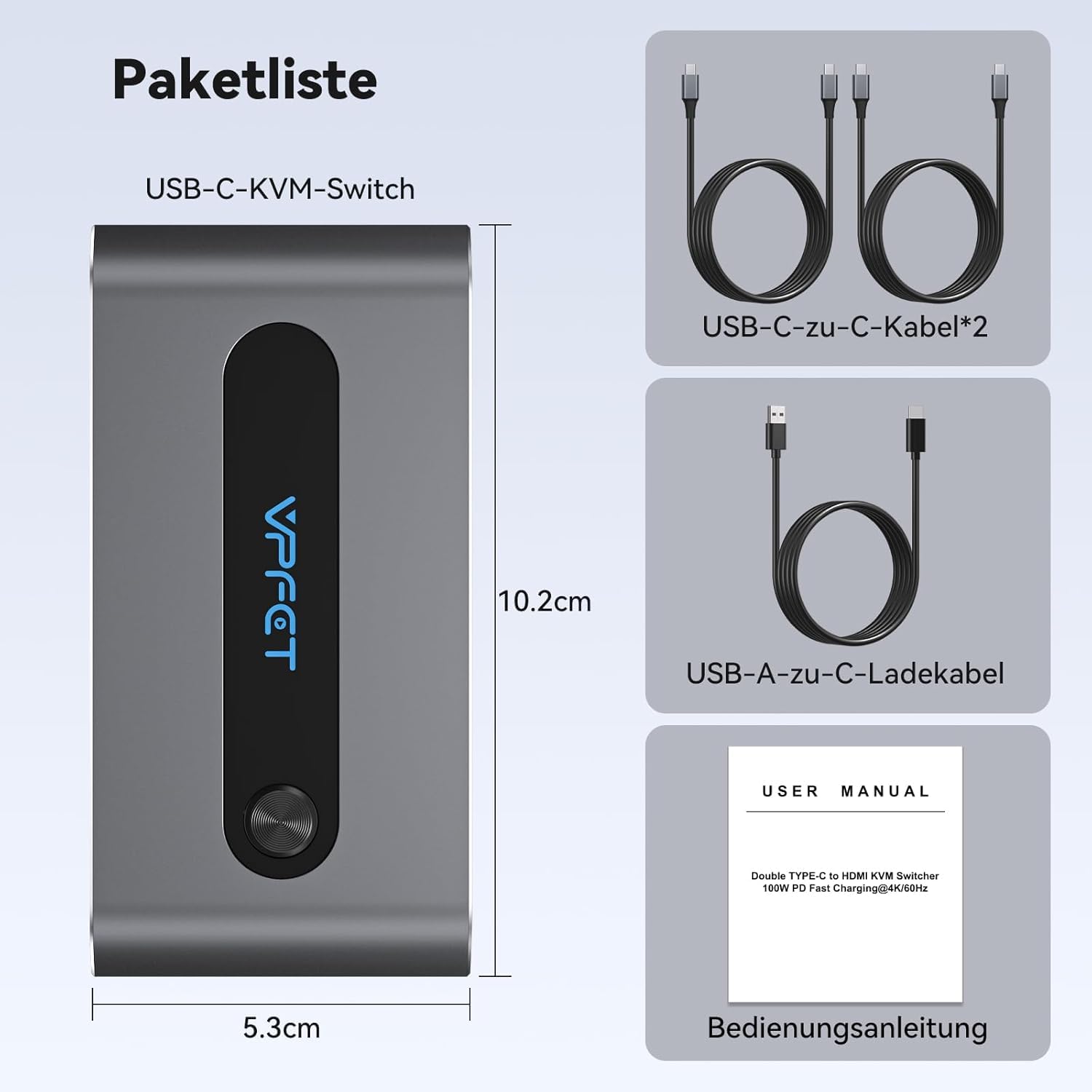 VPFET USB C KVM Switch 2 PC 1 Monitor HDMI 4K 60 Hz przełączniki KVM dla dwóch laptopów i Macbooka 100W PD do współdzielenia 1 zestawu klawiatury, myszy i pojedynczego monitora (szary)