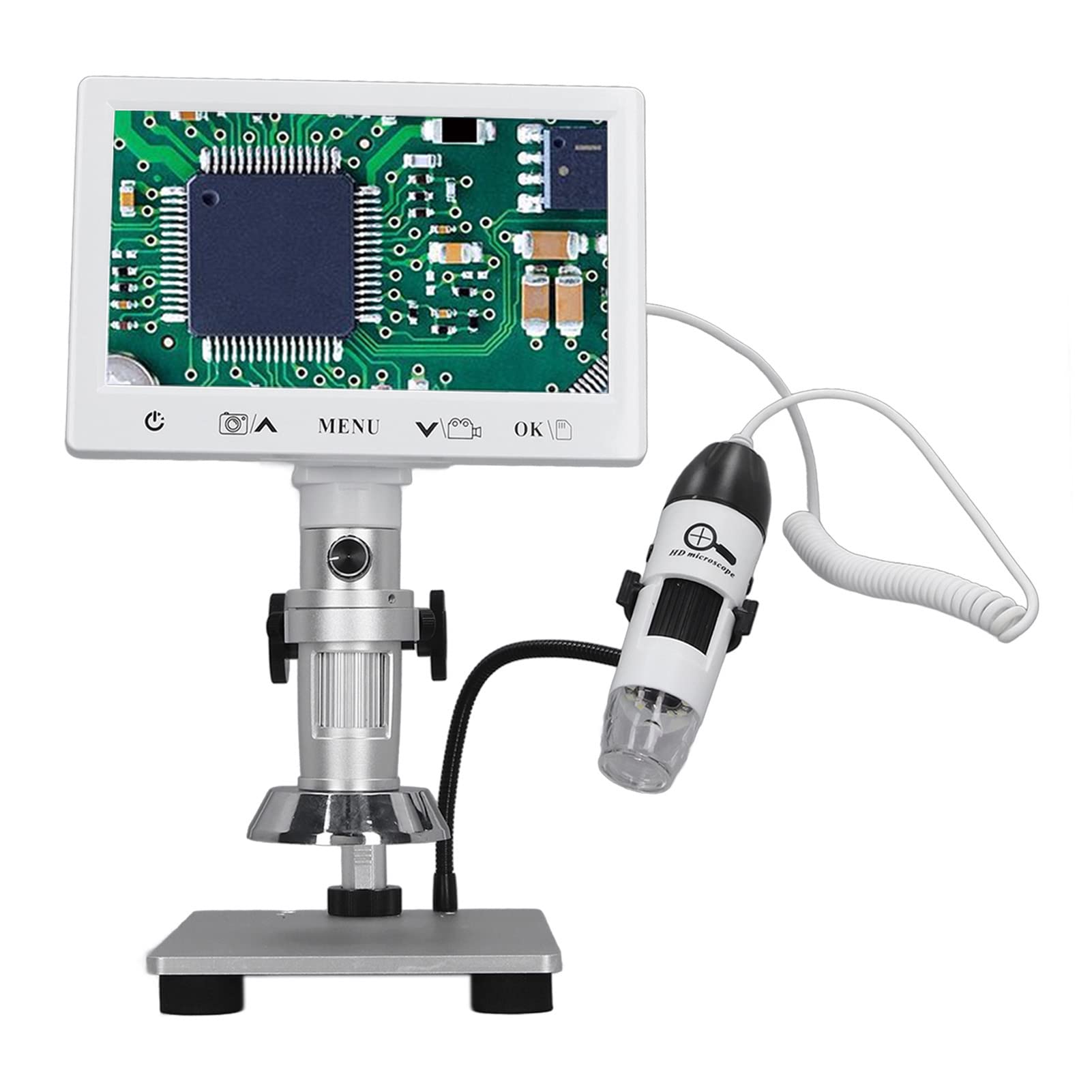 Hyuduo Microscopio Digital, Microscopio Industrial de Acero Inoxidable ABS, Pantalla IPS de 2 MP y 7 Pulgadas, Zoom de 5X a 53X, Medición de Foto y Video para Soldar Reparación de Joyas con Monedas