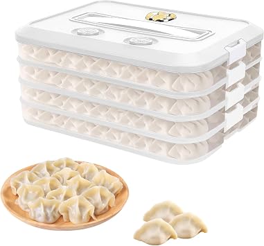 Qivine 4-Layer Food Storage Container, Dumpling Storage Box Dumpling Keeper Stackable Snack Container with Lid for Fridge Cookie Container Airtight Cookie Storage Carrier with Time Recoder White