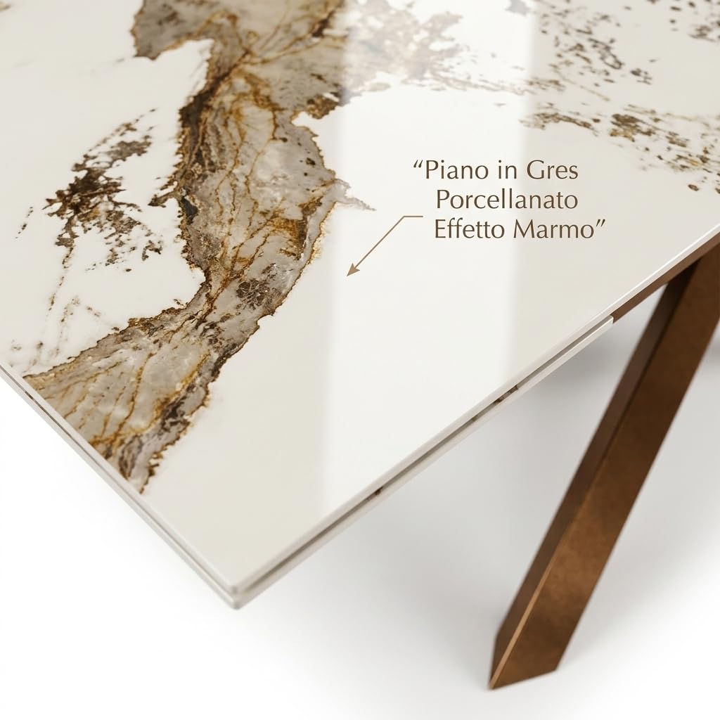 Cribel George Tavolo Allungabile Con Piano in Gres Porcellanato Effetto Marmo Kashmir Beige Lucido E Gambe Bronzo, Tavolo Da Pranzo Moderno 160-240x90x75 Cm