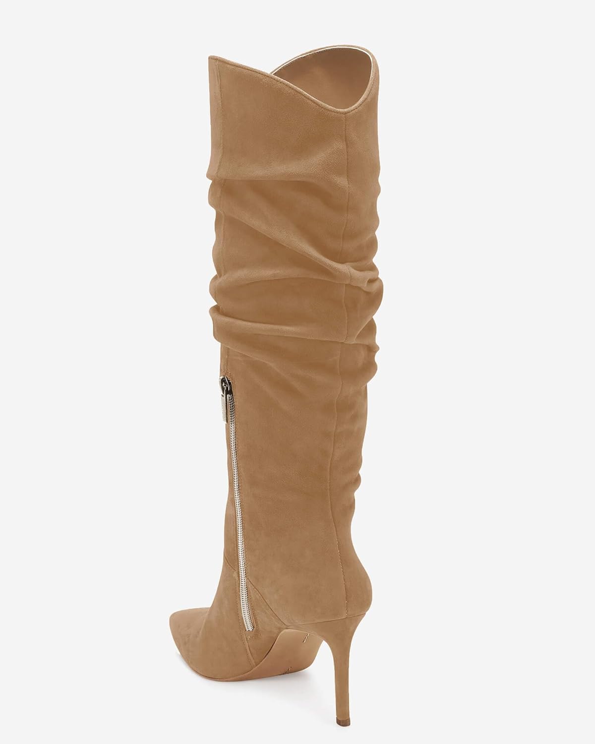 Coutgo Womens Knee High Boots Faux Suede Almond Toe Stiletto High Heel Slouchy Side Zipper Booties - Image 6