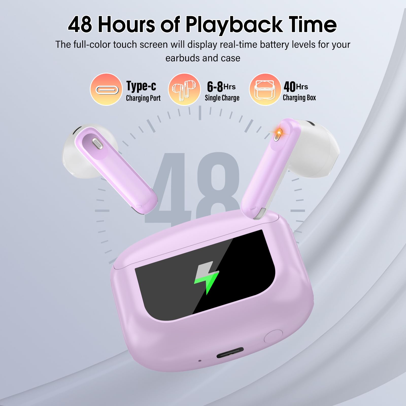 Thunelec Auriculares Inalambricos con Pantalla Táctil LED, 2026 Nuevo Auriculares Bluetooth 5.4 con Reducción de Ruido ANC+ENC y HD Mic, 48H Cascos Inalambricos con HiFi Estéreo/5 Modos EQ, Púrpura