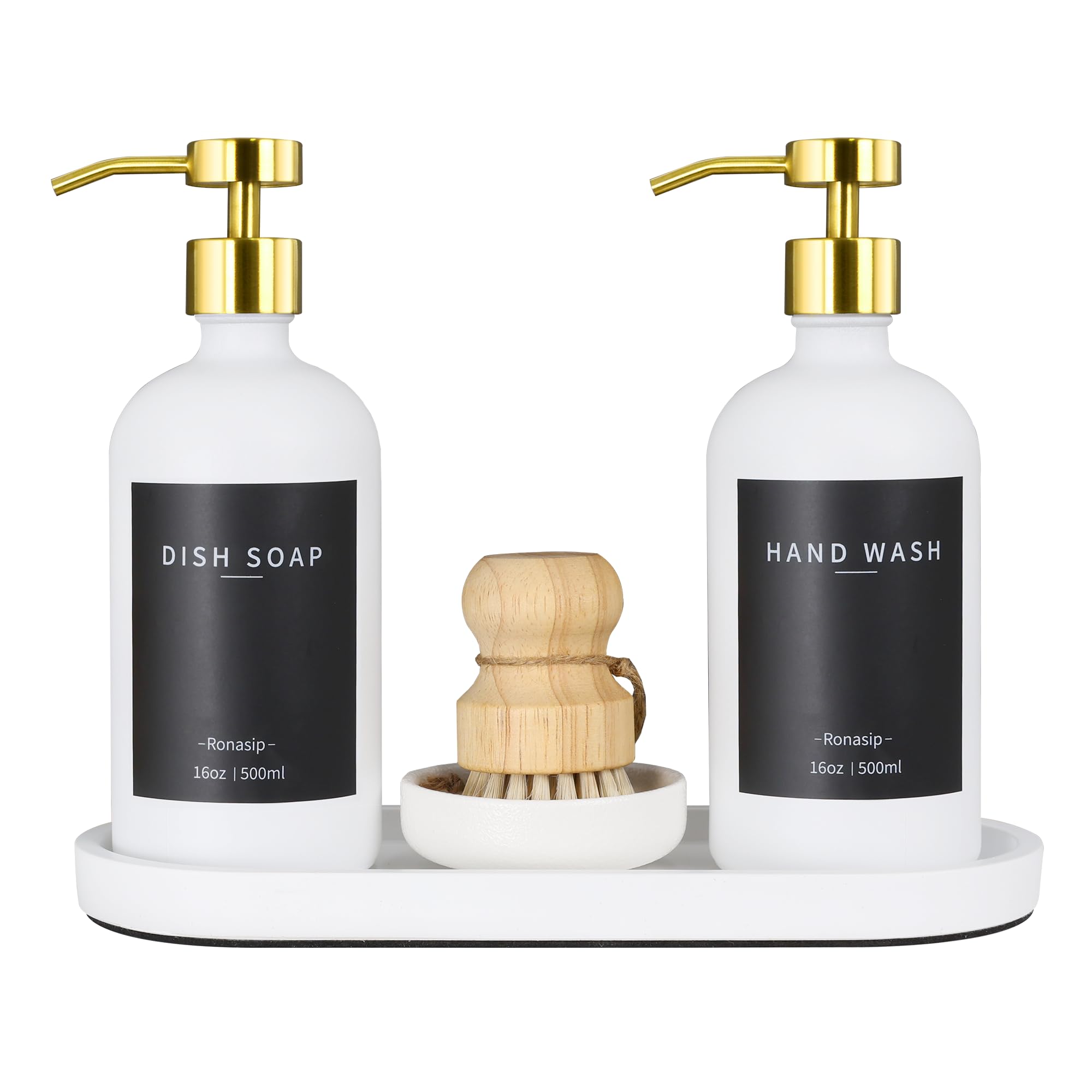 Ronasip Set di 5 dispenser di sapone da cucina, 473,6 ml, dispenser di sapone in vetro con pompa in acciaio inossidabile, vassoio per cemento, spazzola per strofinare i piatti, decorazione rustica per
