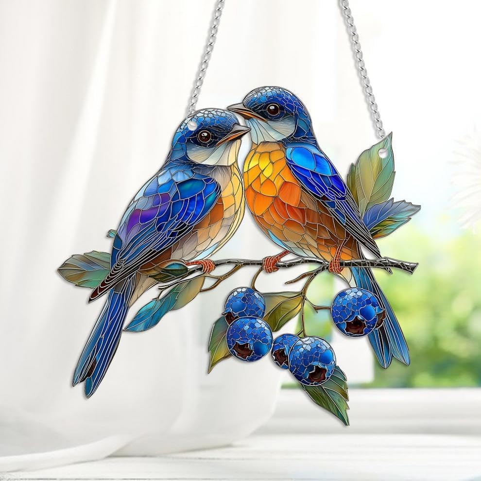 Hummingbird Stained Window Panel Hanging Ornament, Blue Birds Acrylic Double-Sided Printed Panel with Chain Hook, Great Gift for Mom Grandma for Birthday, Anniversary, Mother's Day or Housewarming