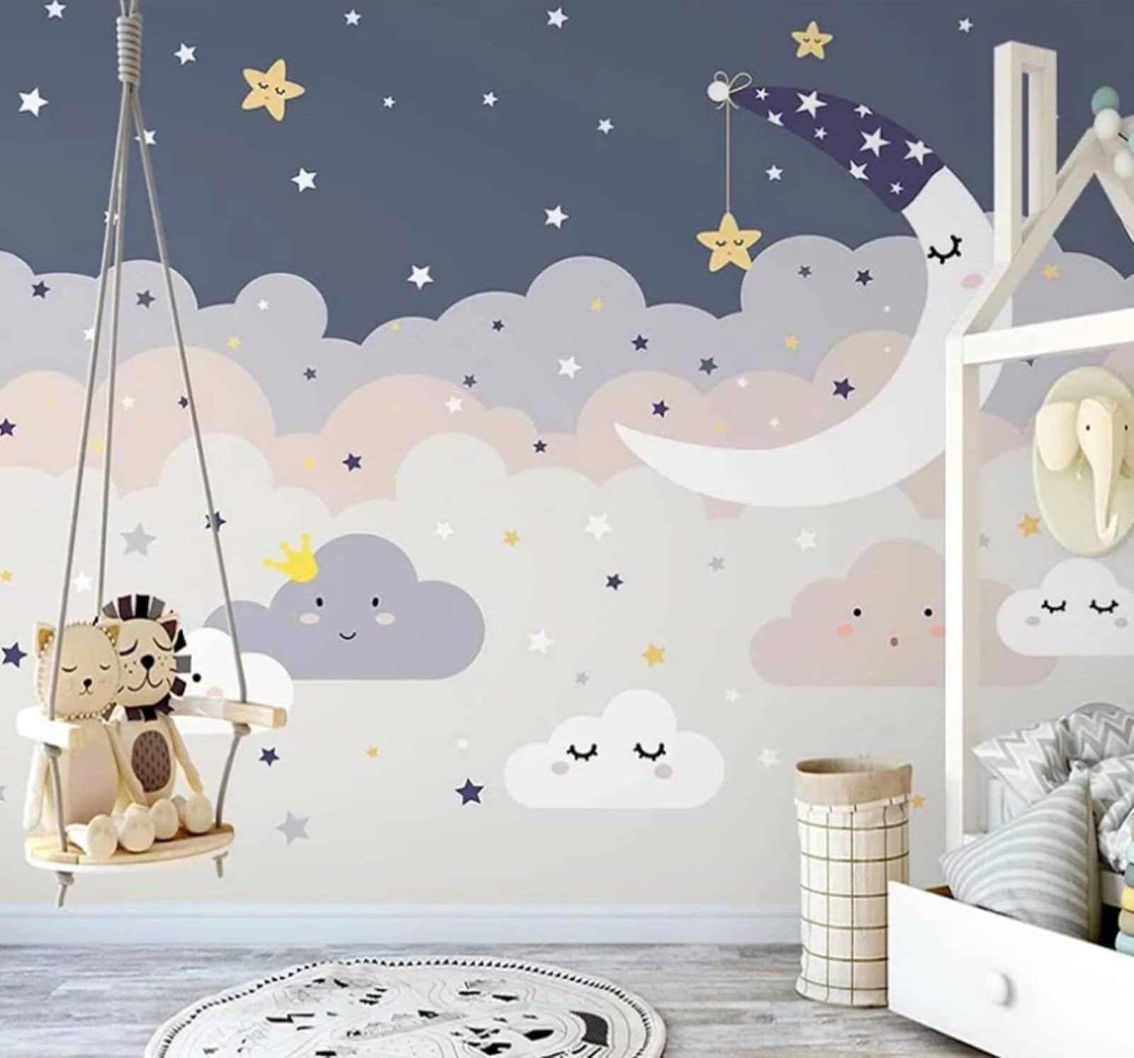 XLMING Cartoon Starry Sky Clouds Moon Stars 3D Wallpaper Luxury Silk Study Dining Feature Sofa Grey Bedroom Living Room Tv Decorative Wall-400cm×280cm
