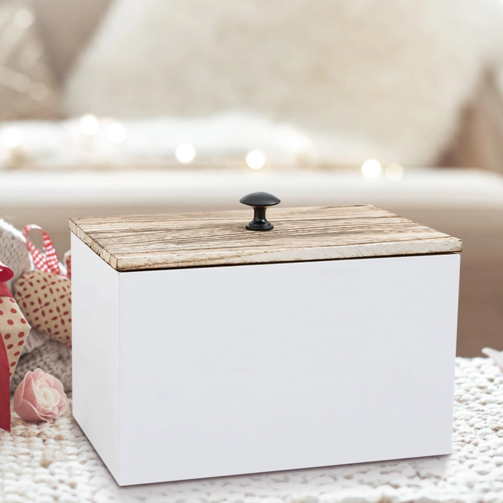 Generisch Tampon Box für Badezimmeraufbewahrung, 8 x 5 x 5 in, mit Holzdeckel und schwarzem Knauf, Tamponhalter im Landhausstil, Organizer mit verdeckten Fächern für Tampons, Binden und Badzubehör