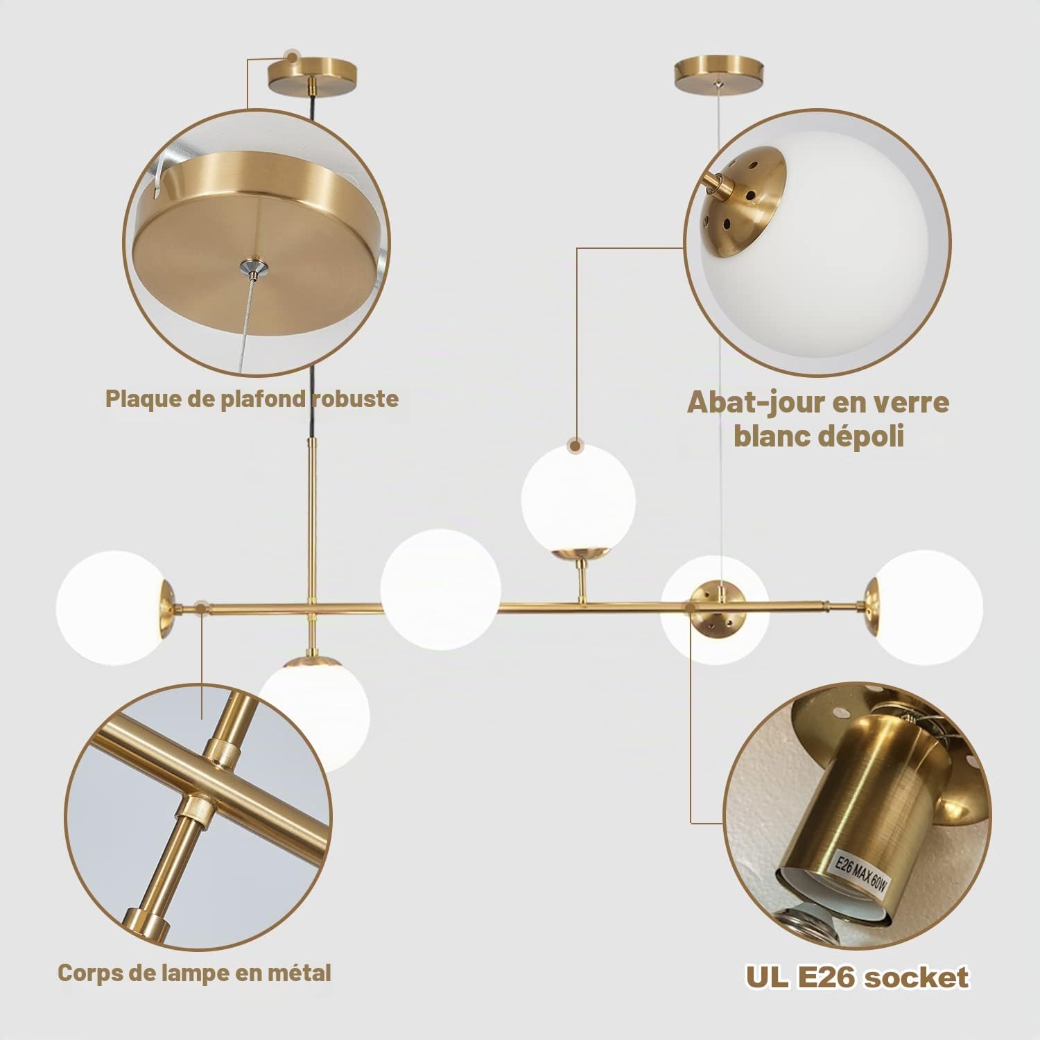 KCO Lighting Lustre Vintage en Verre à 6 Lumières Pour Salon, Lustre Linéaire Moderne en Forme de Globe Blanc, Luminaire Suspendu Doré en Laiton du Milieu du Siècle Pour Cuisine