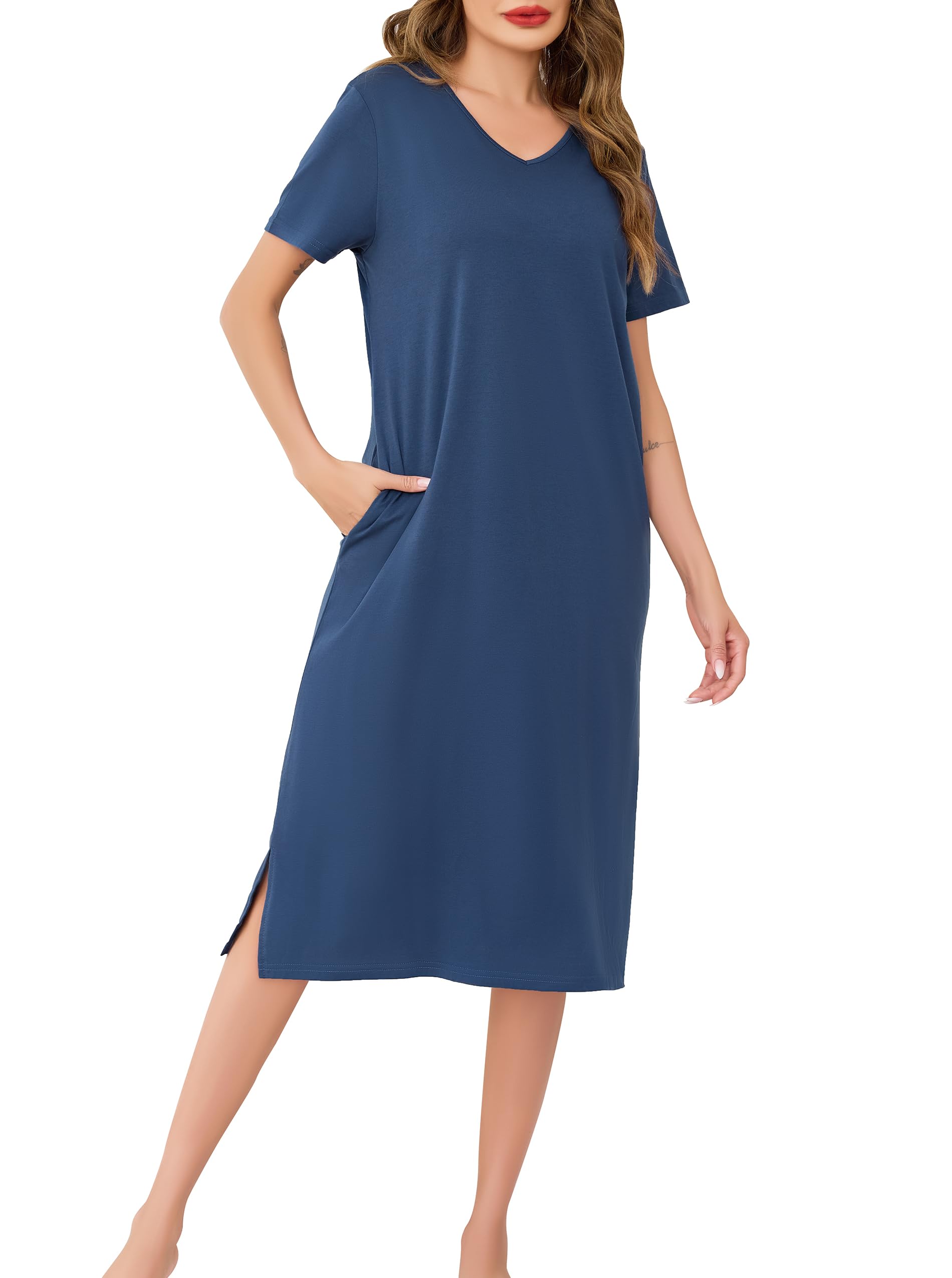 Wikoan Damen Nachthemd Kurzarm Baumwolle Nachthemden Lang Schlafshirt Sommer Sleepshirt Kurzarm Nachtwäsche Nachtkleid mit Taschen S-XXL