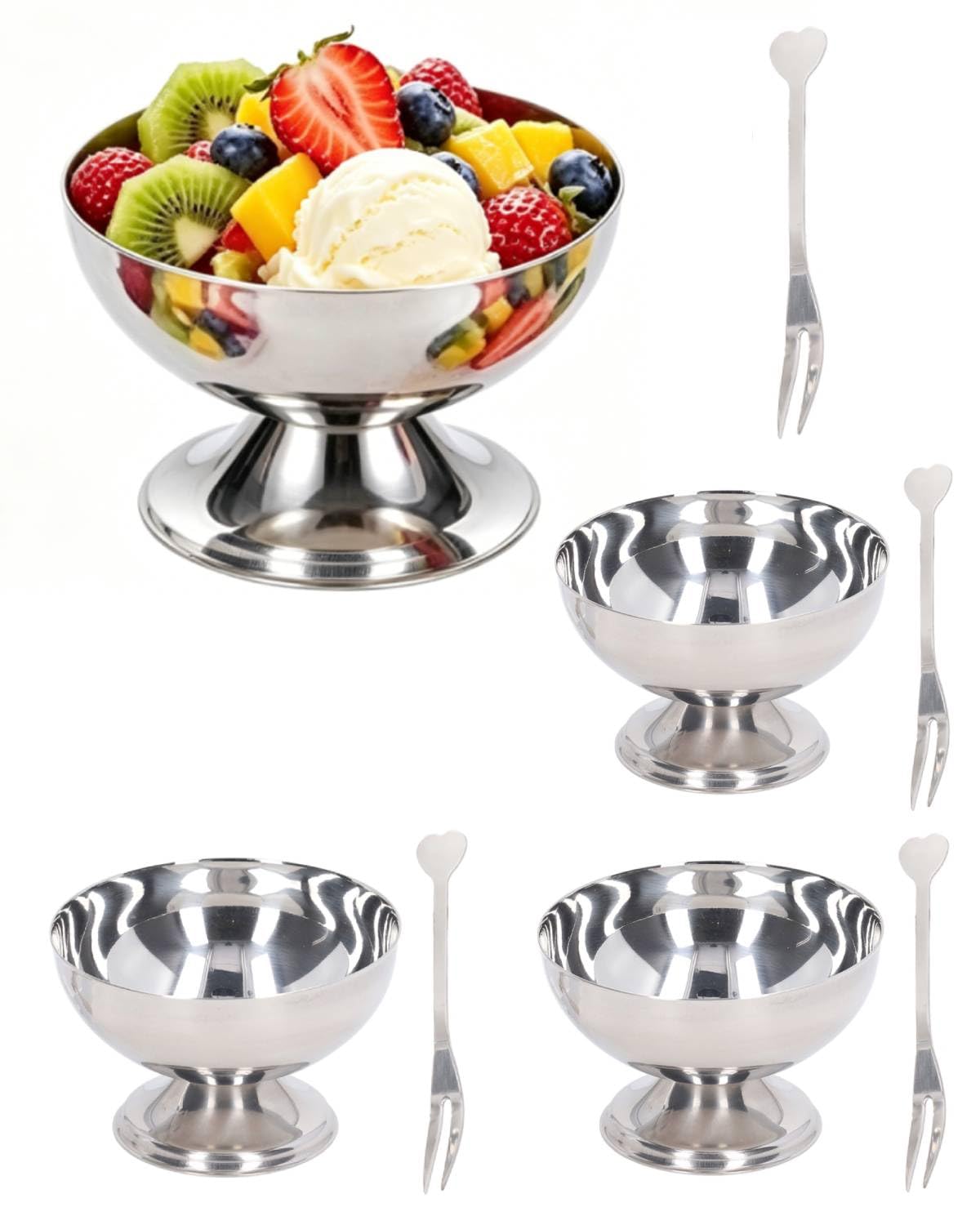 4 PCS 250ml Stainless Steel Ice Cream Cups,Footed Dessert Bowl With Forks