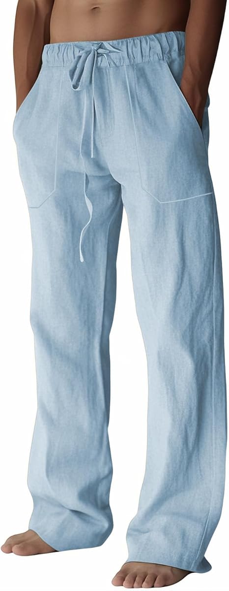 Men's Linen Pants Summer Cotton Beach Trousers Casual Lightweight Elastic Drawstring Waist Yoga Pants