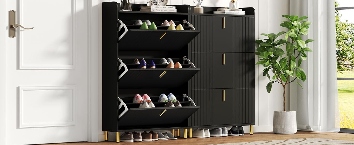 2er Set Schuhschränke je 3 Klappen 6 Fächer Schwarz 80x23,5x123,5cm