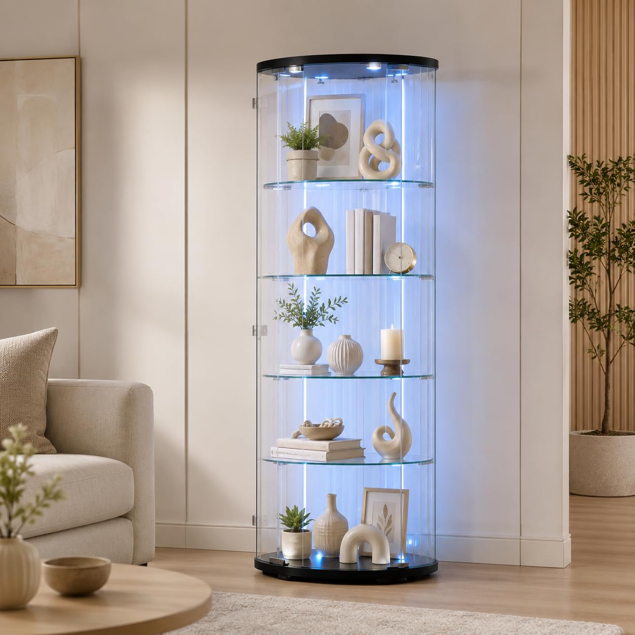 Corner Glass Display Cabinet Showcase on LED Glass Base, 4 Shelves 1 Door with Door, Glass Display Cabinet with Door and Lock Cabinet Five Corner Showcases 162 x 60 x 35 cm (1 Door 4 Layers — image 1