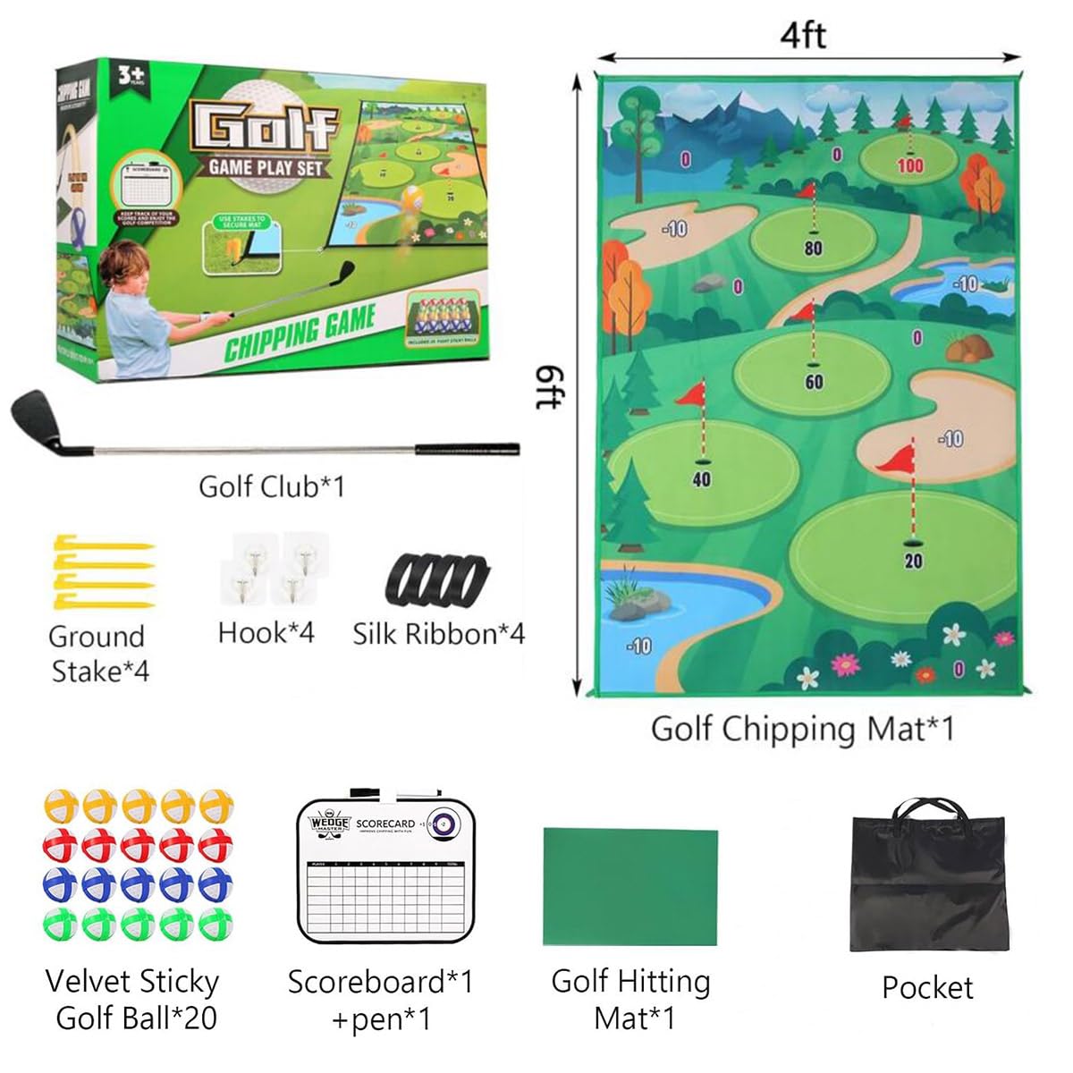 Golf Teing Game with 2 Clubs, 70 x 70 Inch Practice Mat Indoor Outdoor for Children Adults Family, with 20 Balls and 1 Score Board Golf Set