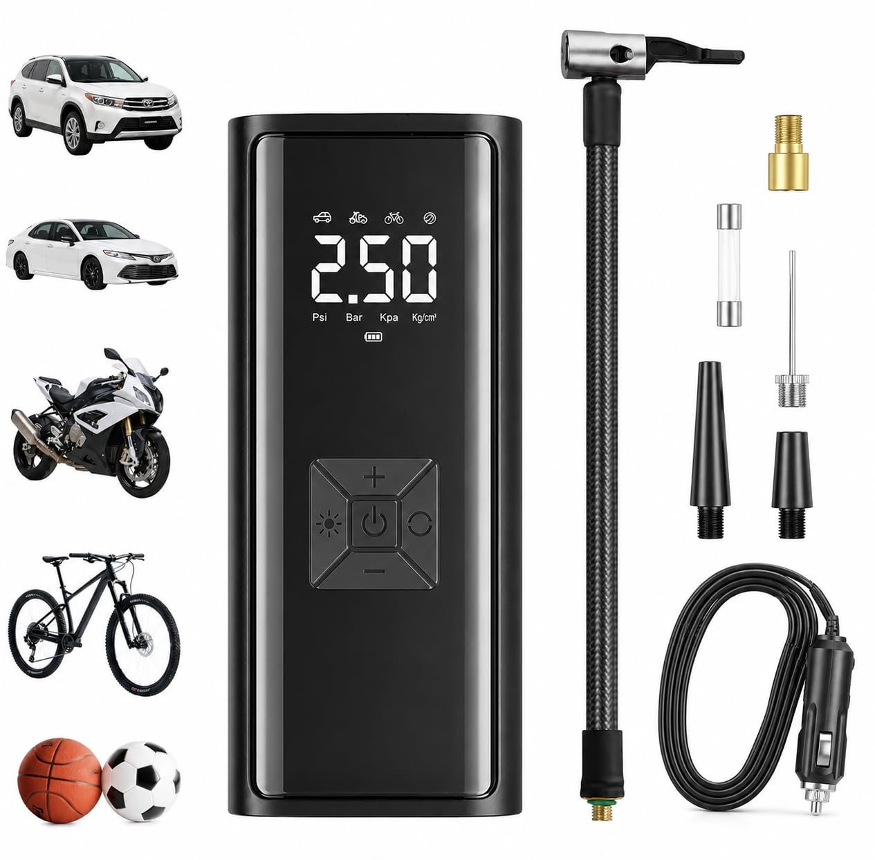 Tyre Inflator for Car and Bike, Upto 150 PSI 12V DC Portable Air Compressor Pump with Digital LED Display, Emergency Light & 4 Preset Modes, Electric Corded Tyre Air Pump for Car (Black)-image-28