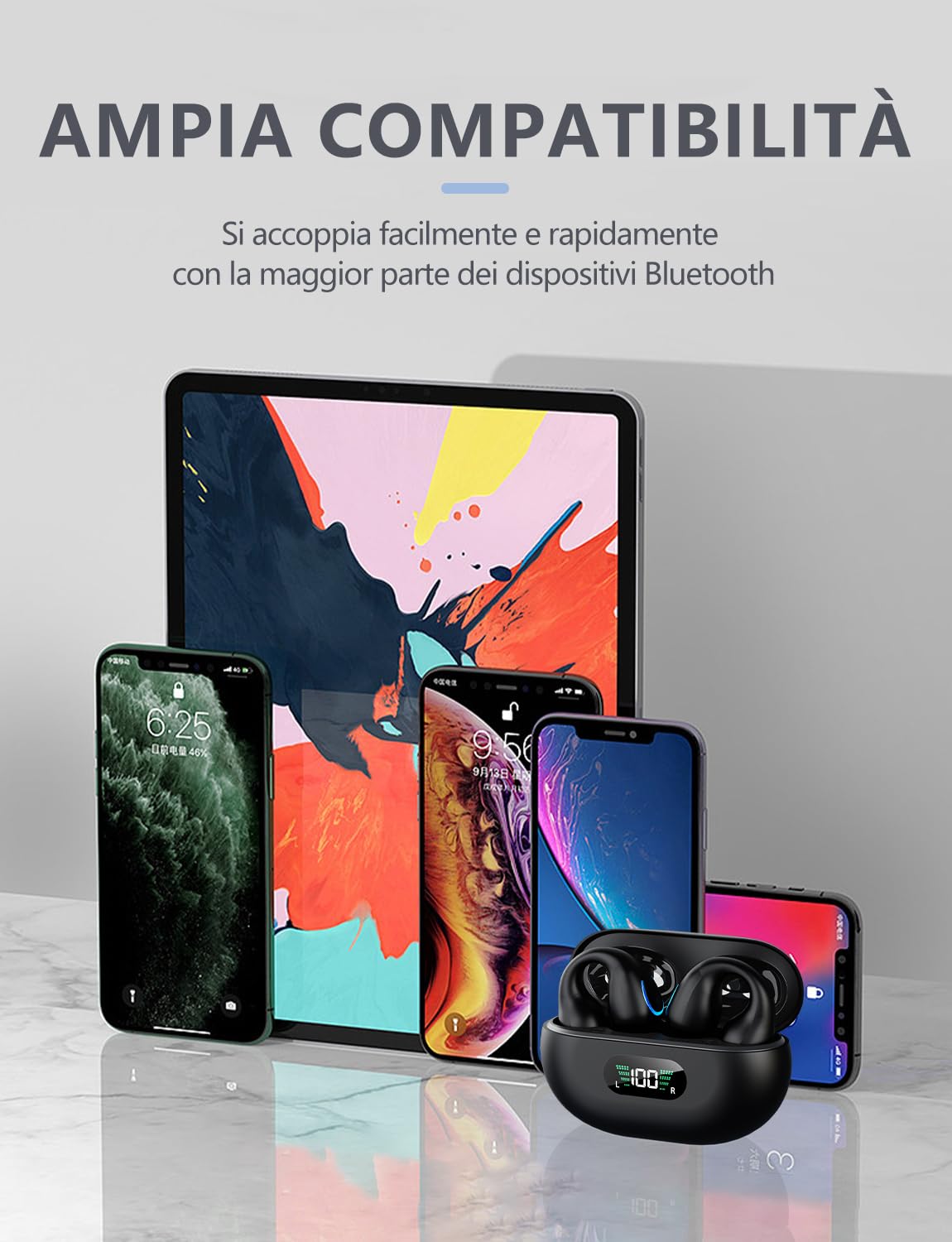 Bluetooth 5.3 Open Ear Cuffie, Auricolare Sportivo Cuffie, Cuffie Bluetooth Display LED IP7 Impermeabili, Con microfono HD, Auricolare Senza Fili 36H Bass IP7 impermeabile, LED Dal Design Ergonomico