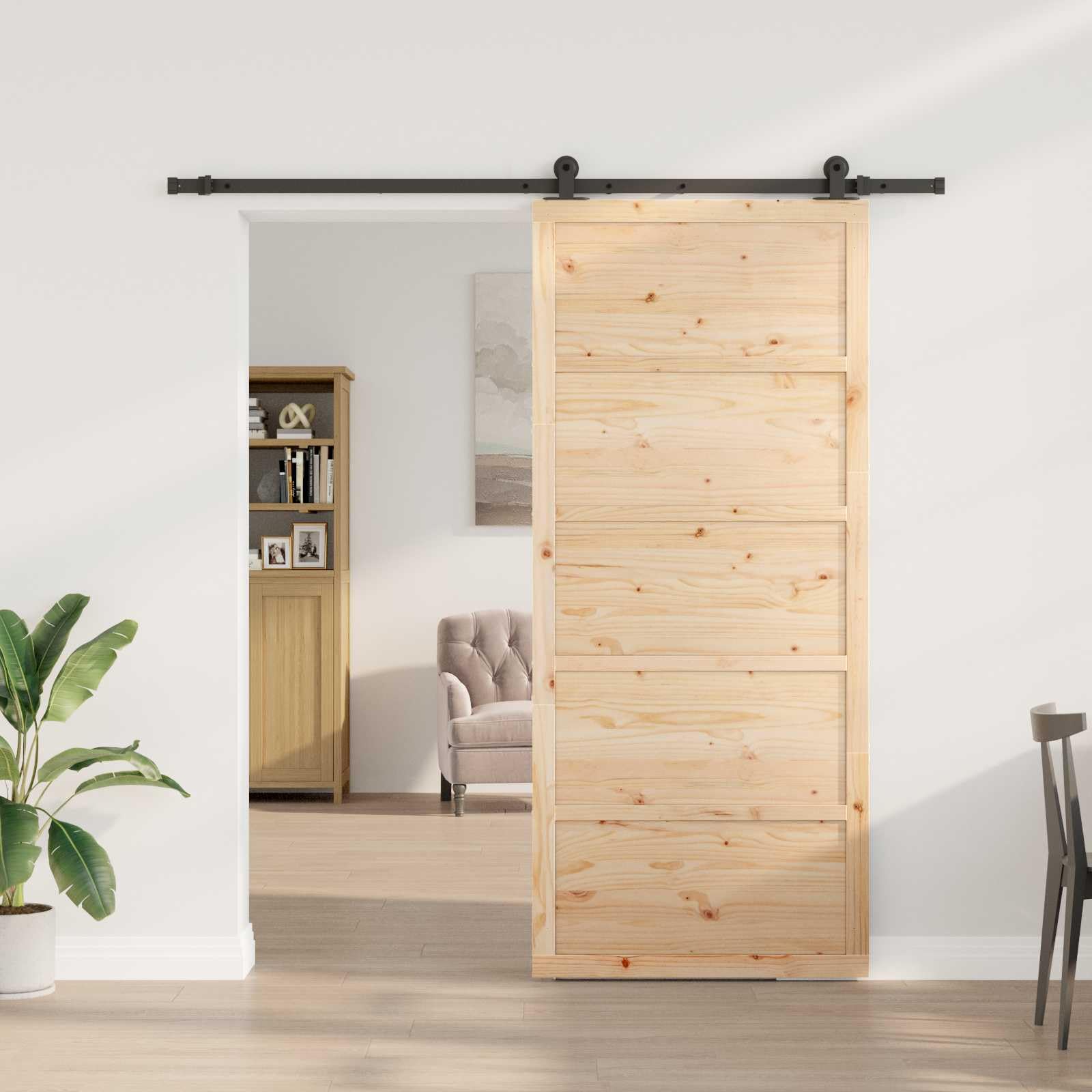 Porta scorrevole in legno di pino 100x208 con sistema scorrevole, divisorio in legno massello, per interni