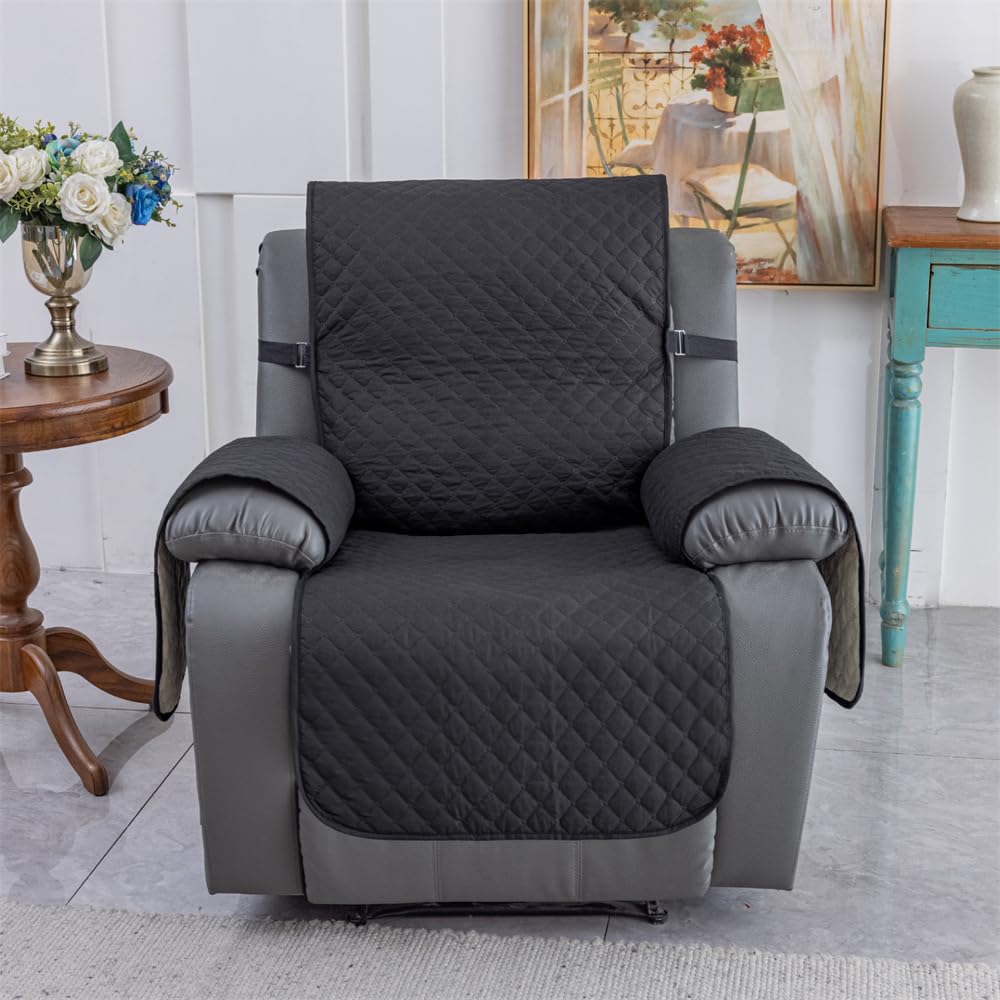 Highdi Copripoltrona Relax Reclinabile Trapuntato Universale con Tasche, 1 Posto Impermeabile Copripoltrona Reclinabile Elettrica con Fascia Elastica, Lavabile, Antiscivolo (Nero